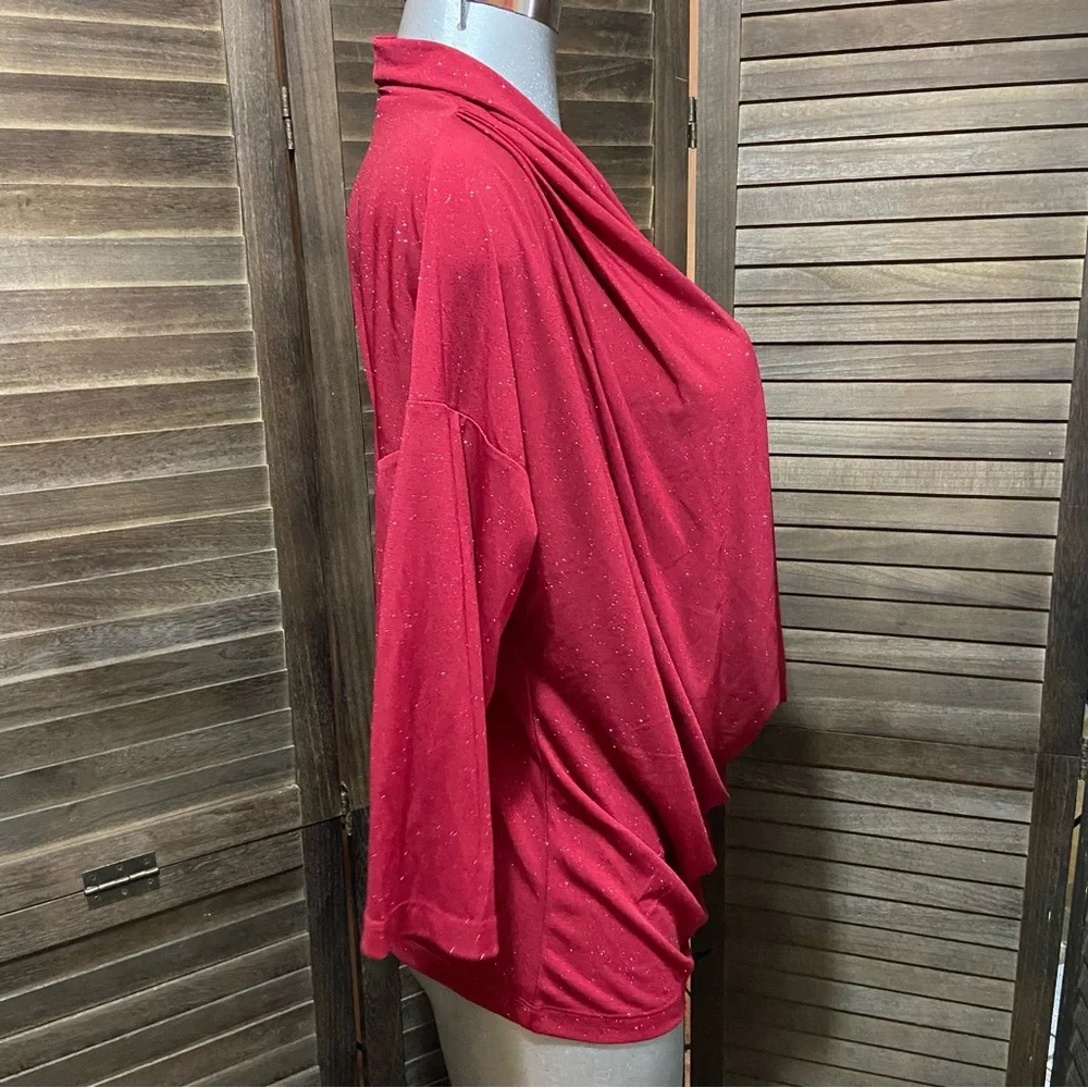 Ellen Tracy Red Draped Blouse Top V Neckline Sequined 3/4 Sleeve Lagenlook Party